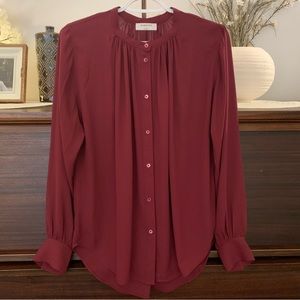 Babaton women’s semi-sheer burgundy button up blouse, size small
